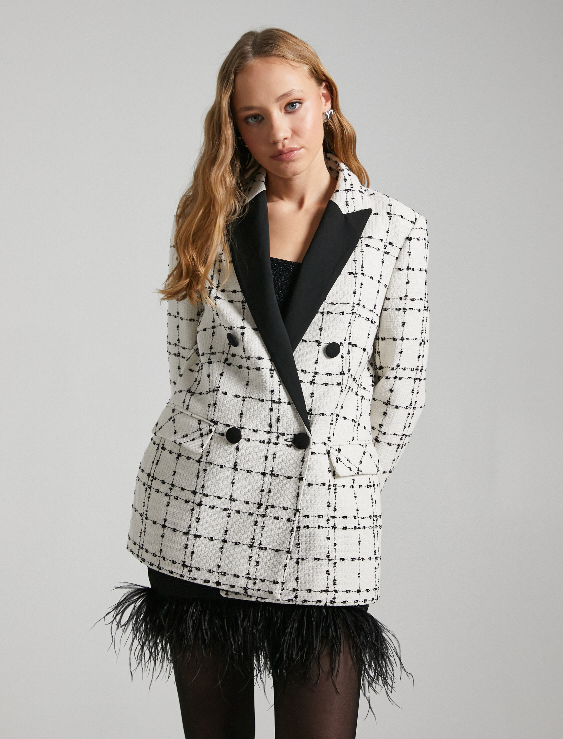   Tüvit Blazer Ceket Kruvaze Düğmeli Kontrast Detaylı