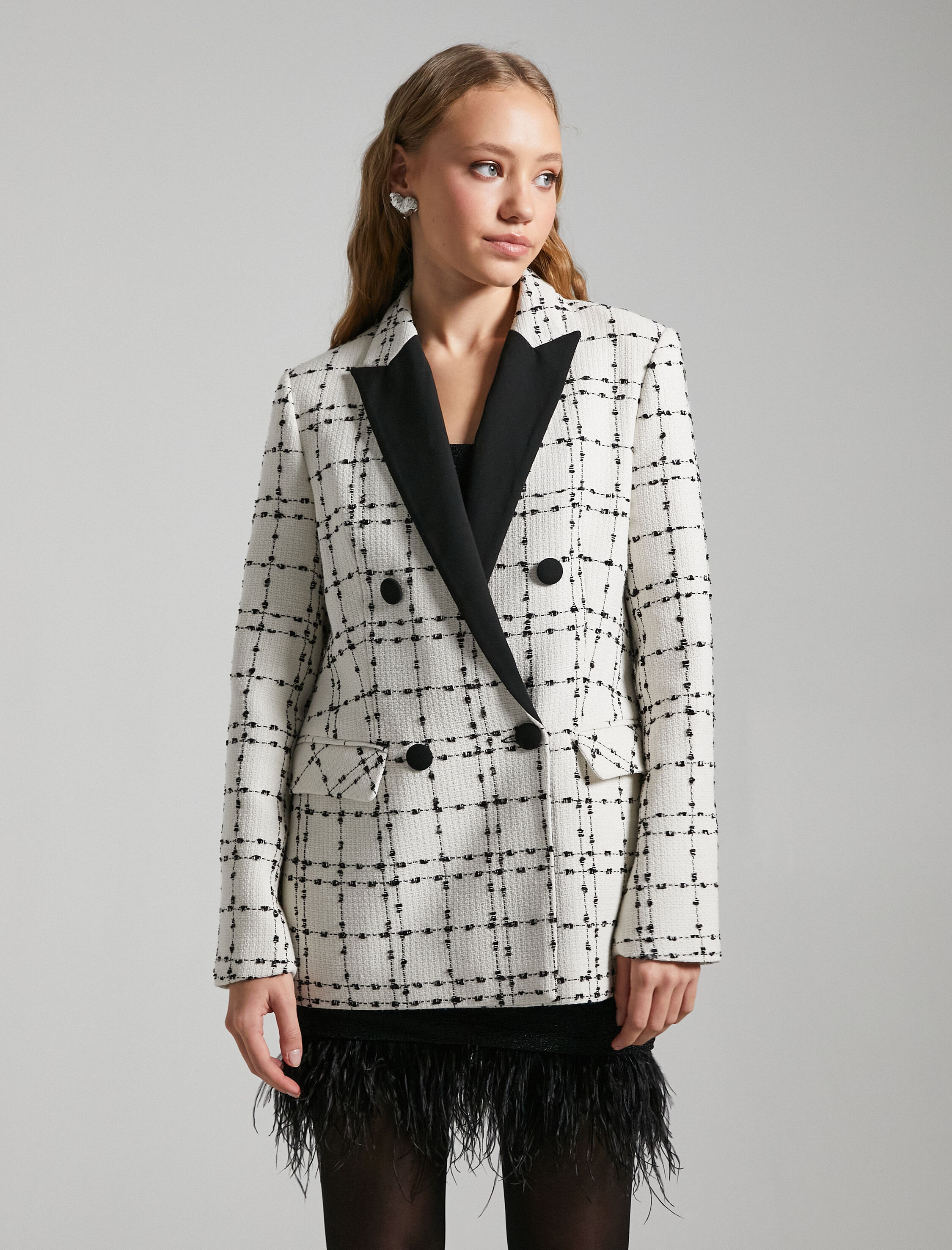   Tüvit Blazer Ceket Kruvaze Düğmeli Kontrast Detaylı