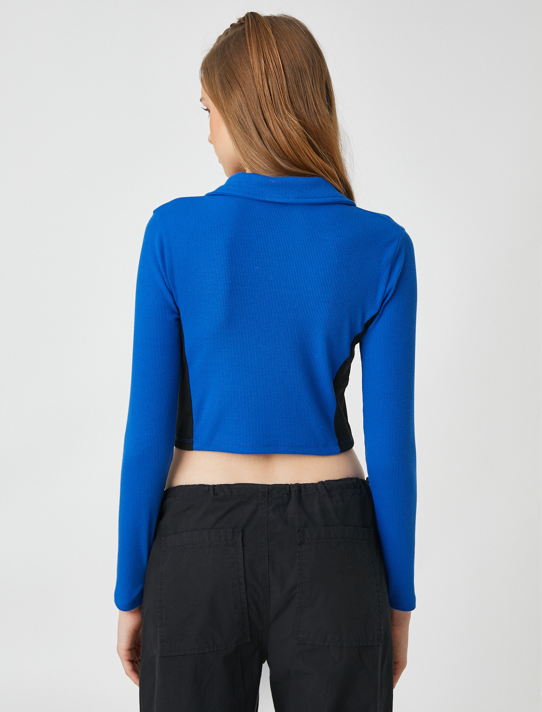   Uzun Kollu Tişört Crop Polo Yaka Yarım Fermuarlı