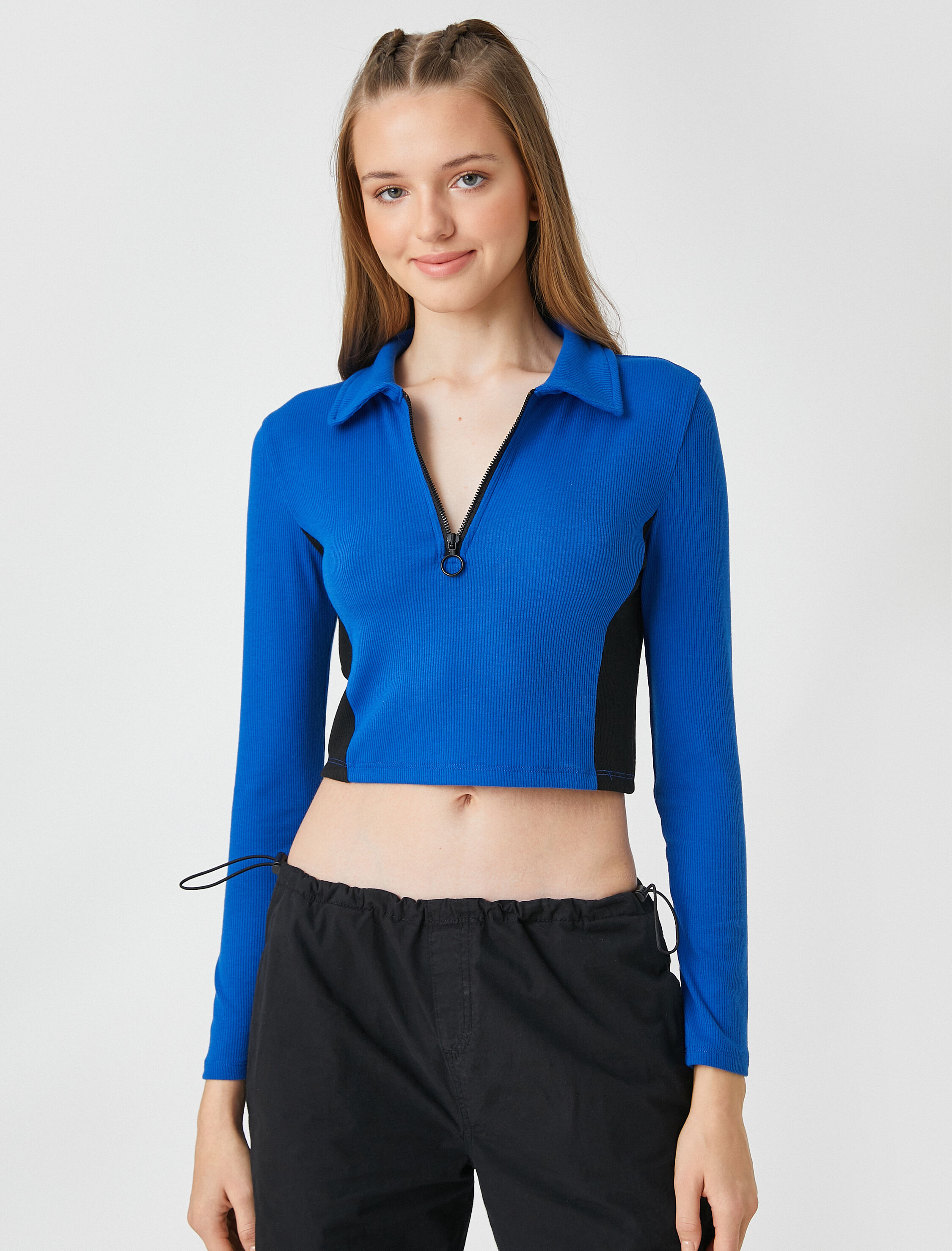   Uzun Kollu Tişört Crop Polo Yaka Yarım Fermuarlı