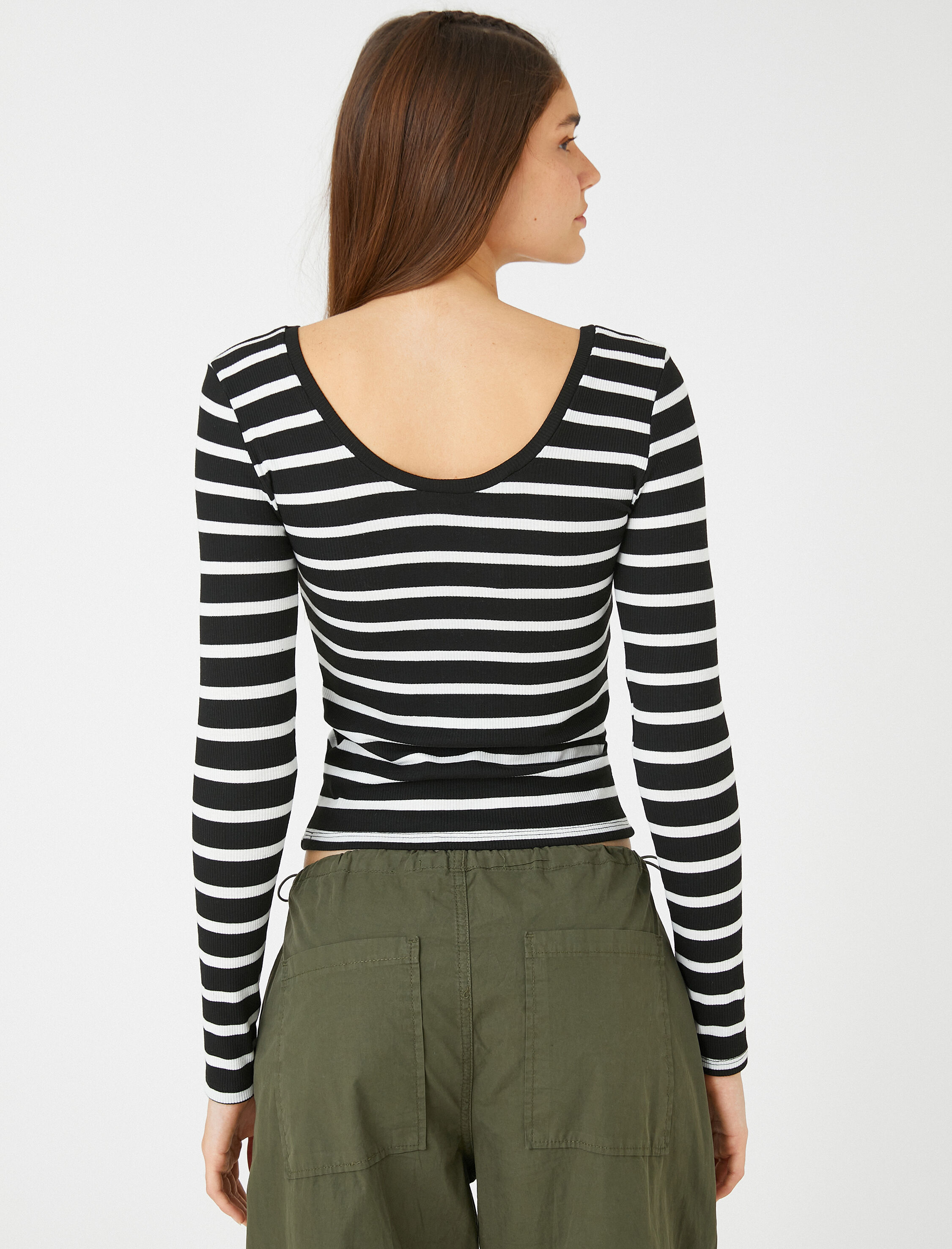   Uzun Kollu Tişört Basic Çizgili U Yaka