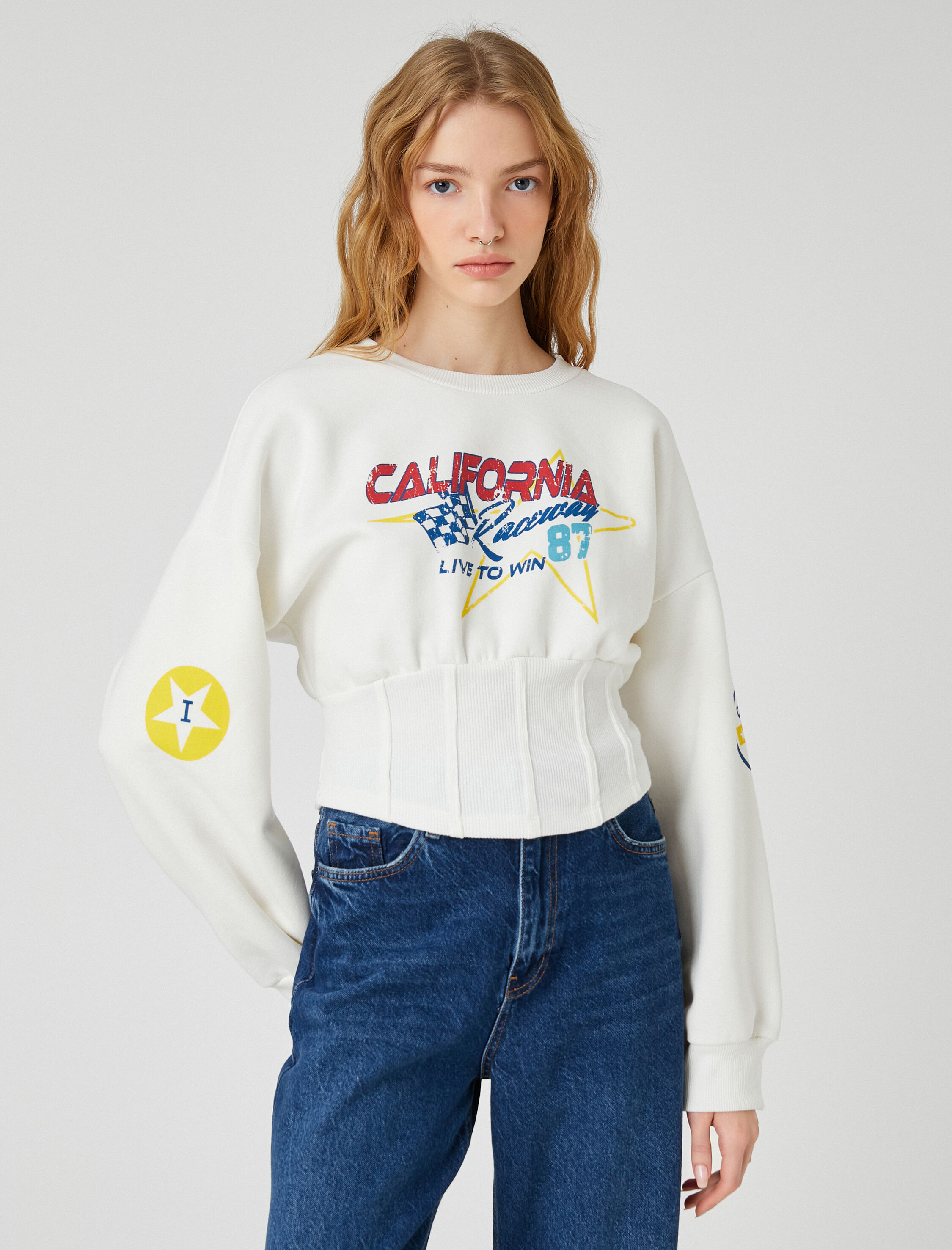   Şardonlu Crop Sweatshirt Beli Korseli Baskılı Uzun Kollu