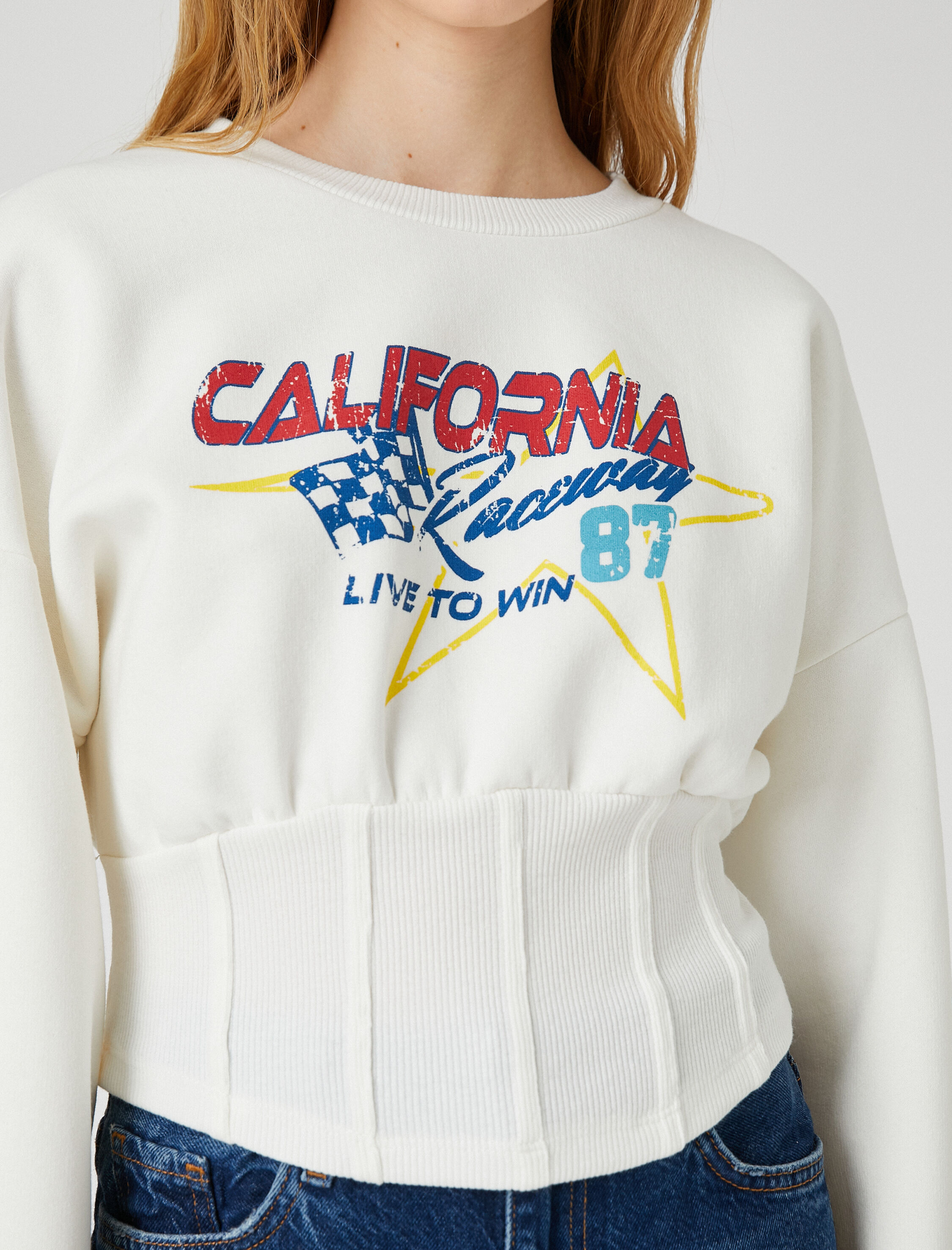   Şardonlu Crop Sweatshirt Beli Korseli Baskılı Uzun Kollu