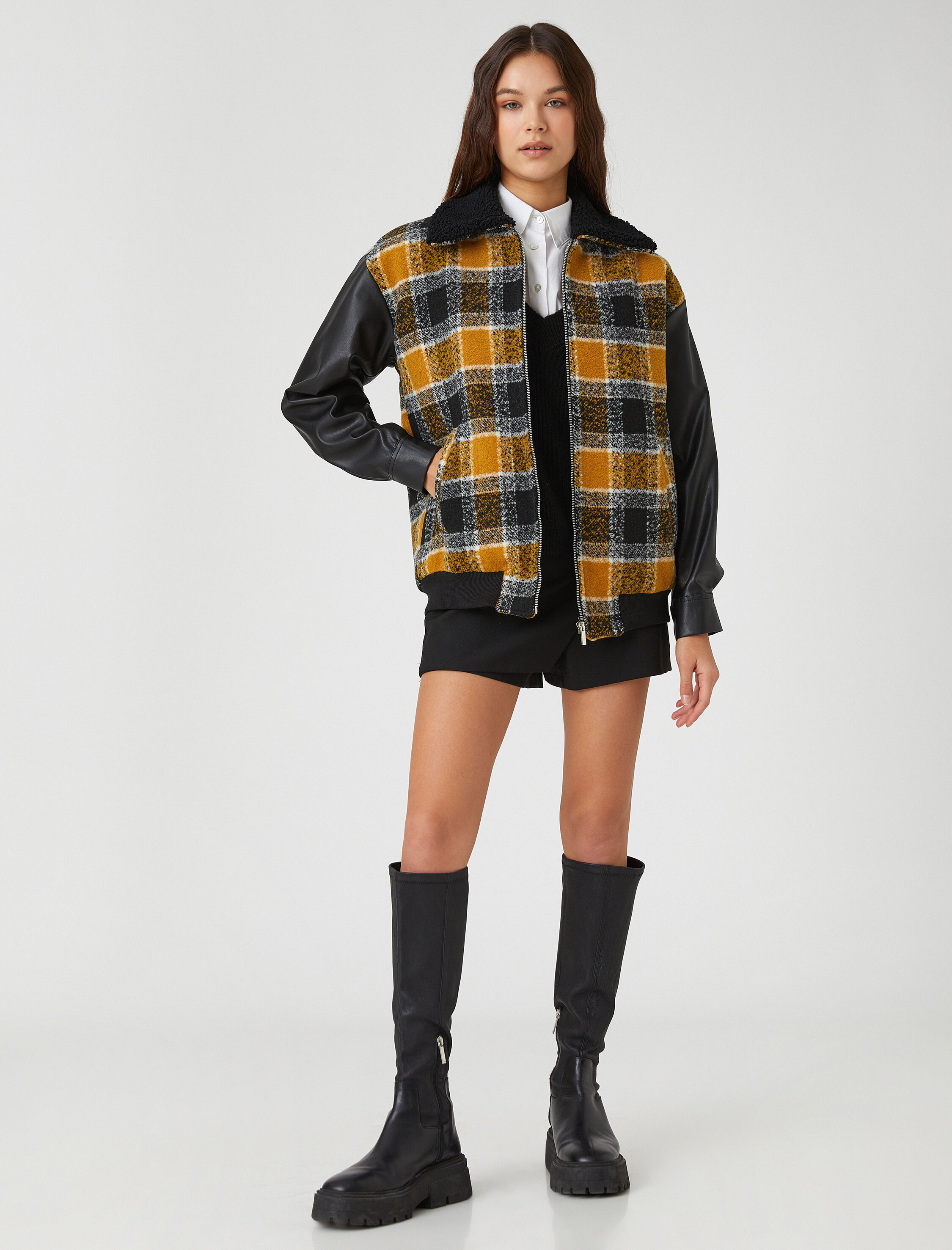 Oversize Ceket Gömlek Yaka Fermuarlı Peluş Deri Görünümlü Kol Detaylı