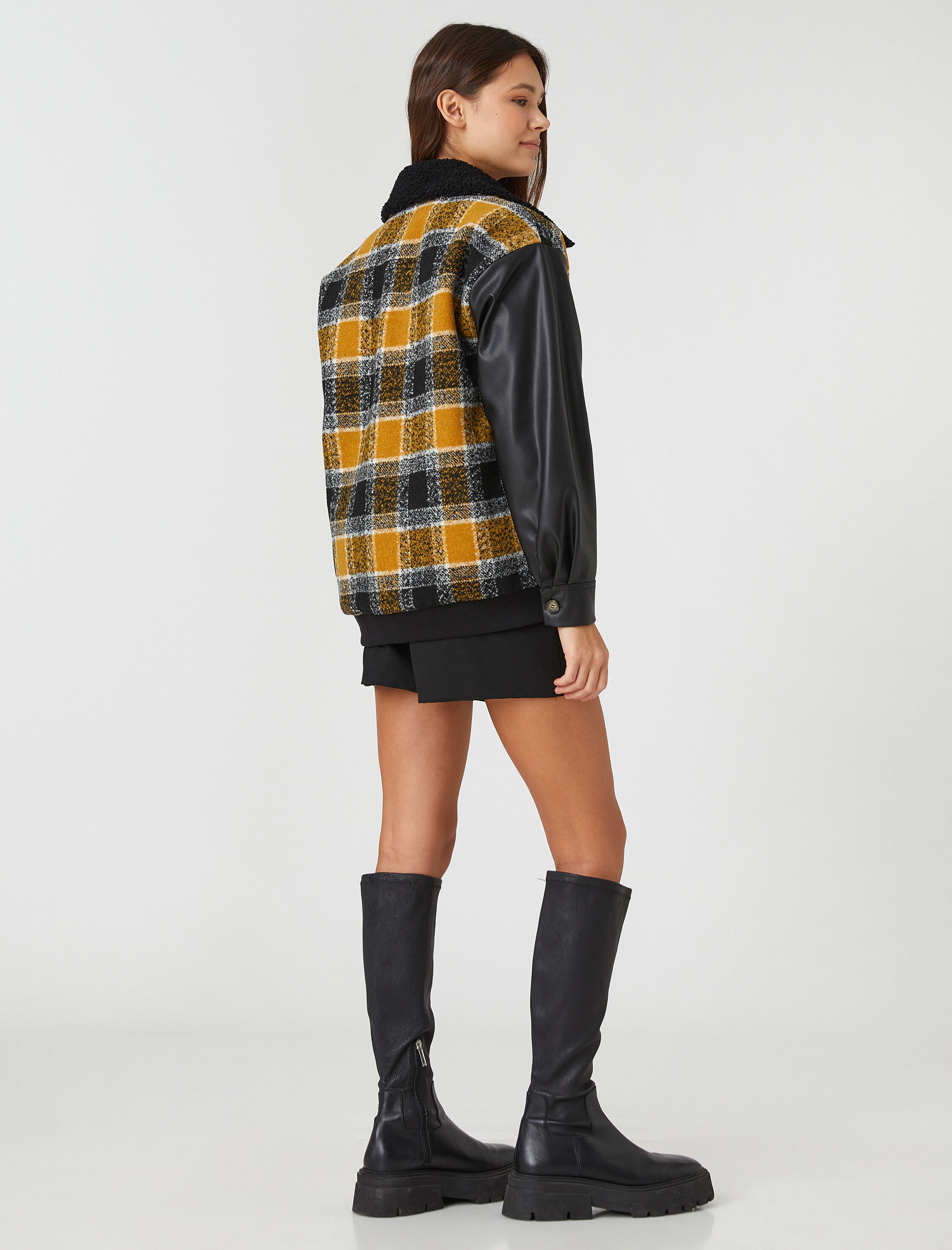 Oversize Ceket Gömlek Yaka Fermuarlı Peluş Deri Görünümlü Kol Detaylı