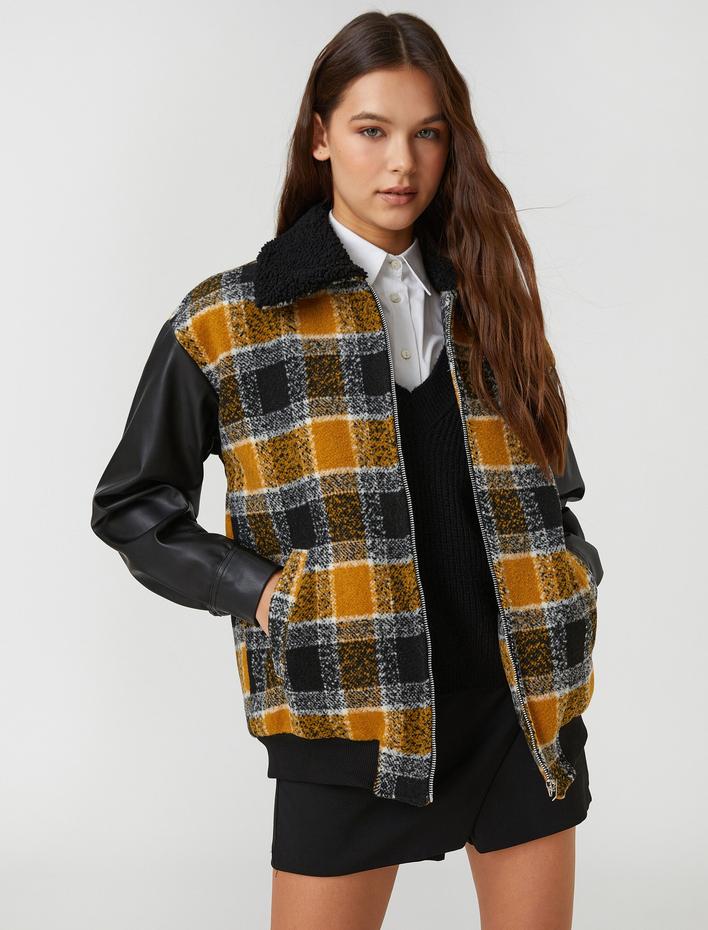  Oversize Ceket Gömlek Yaka Fermuarlı Peluş Deri Görünümlü Kol Detaylı