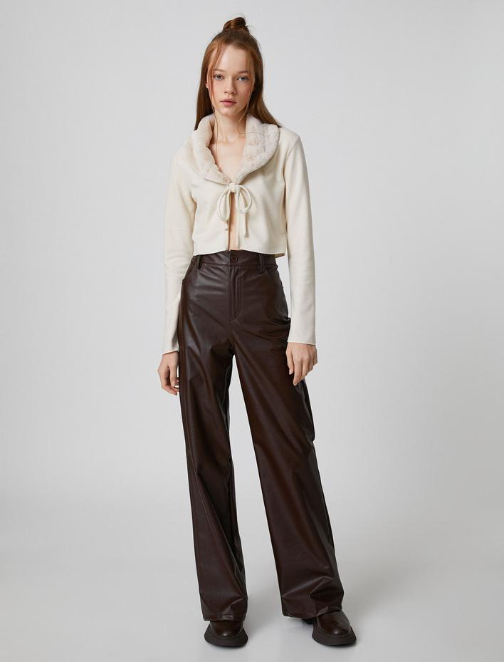  Yakası Suni Kürklü Hırka Crop Bağlama Detaylı Uzun Kollu