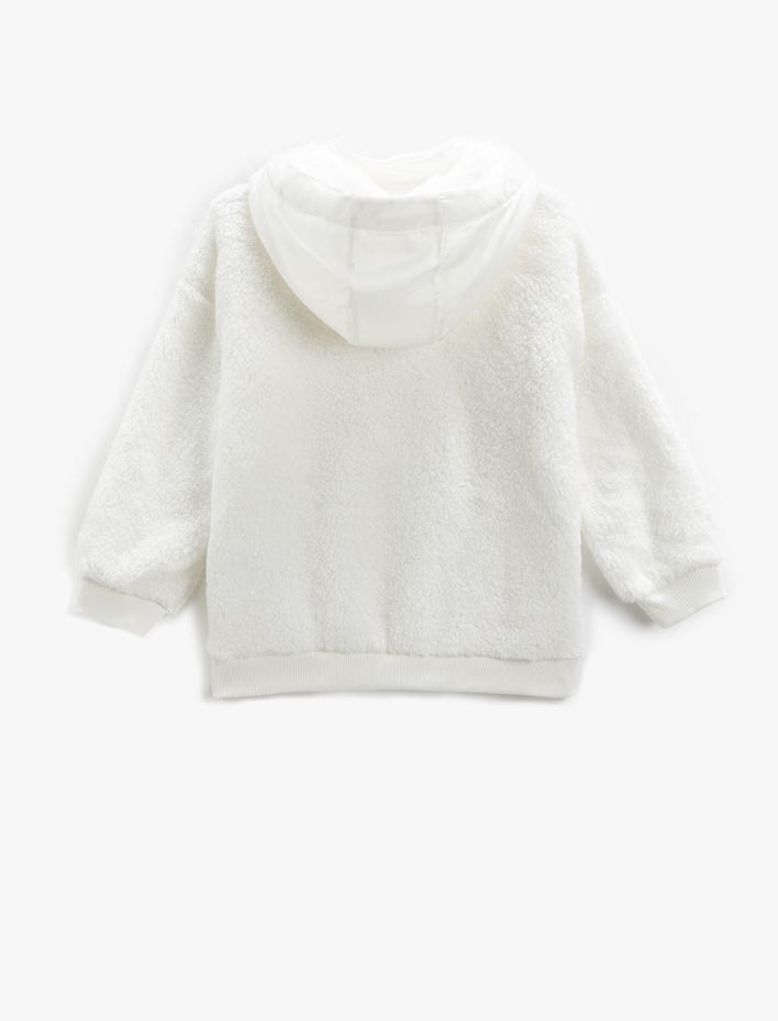 Kız Çocuk Kapşonlu Peluş Sweatshirt Yarım Fermuarlı