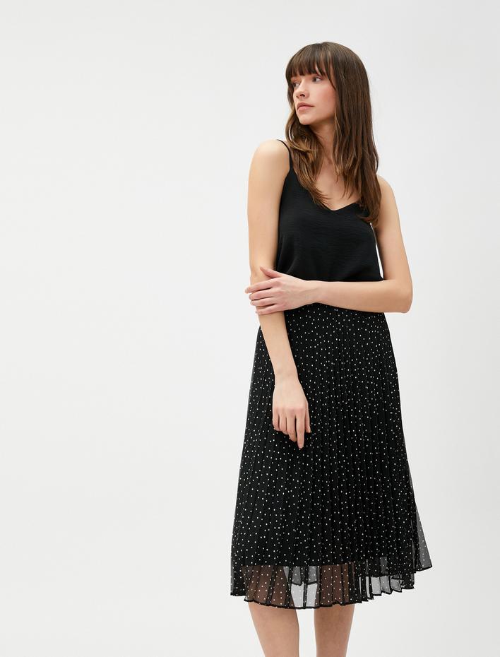  Puantiyeli Pileli Şifon Midi Etek