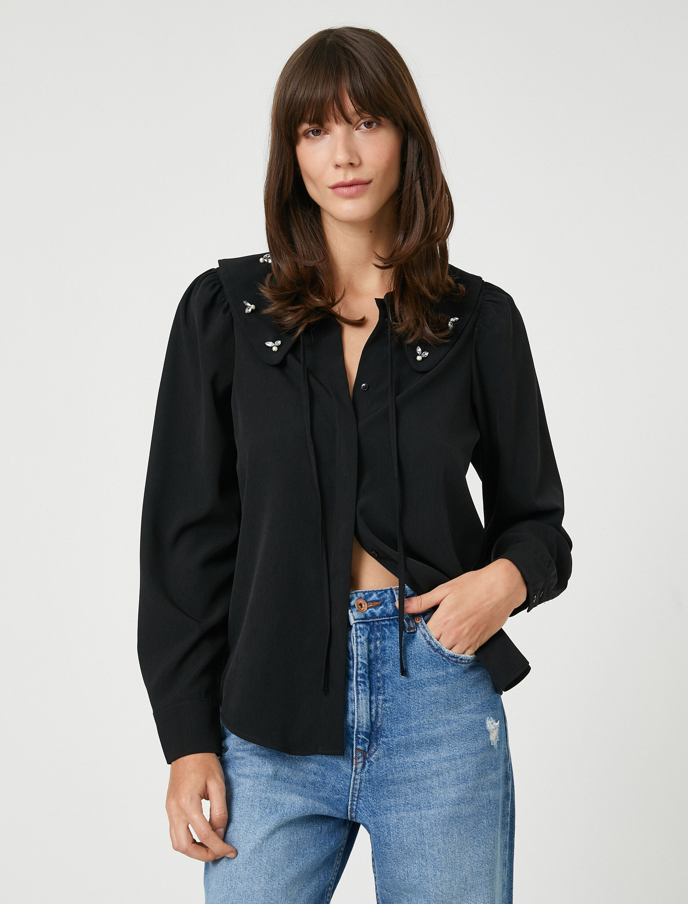   Taşlı Gömlek Bebek Yaka Uzun Kollu