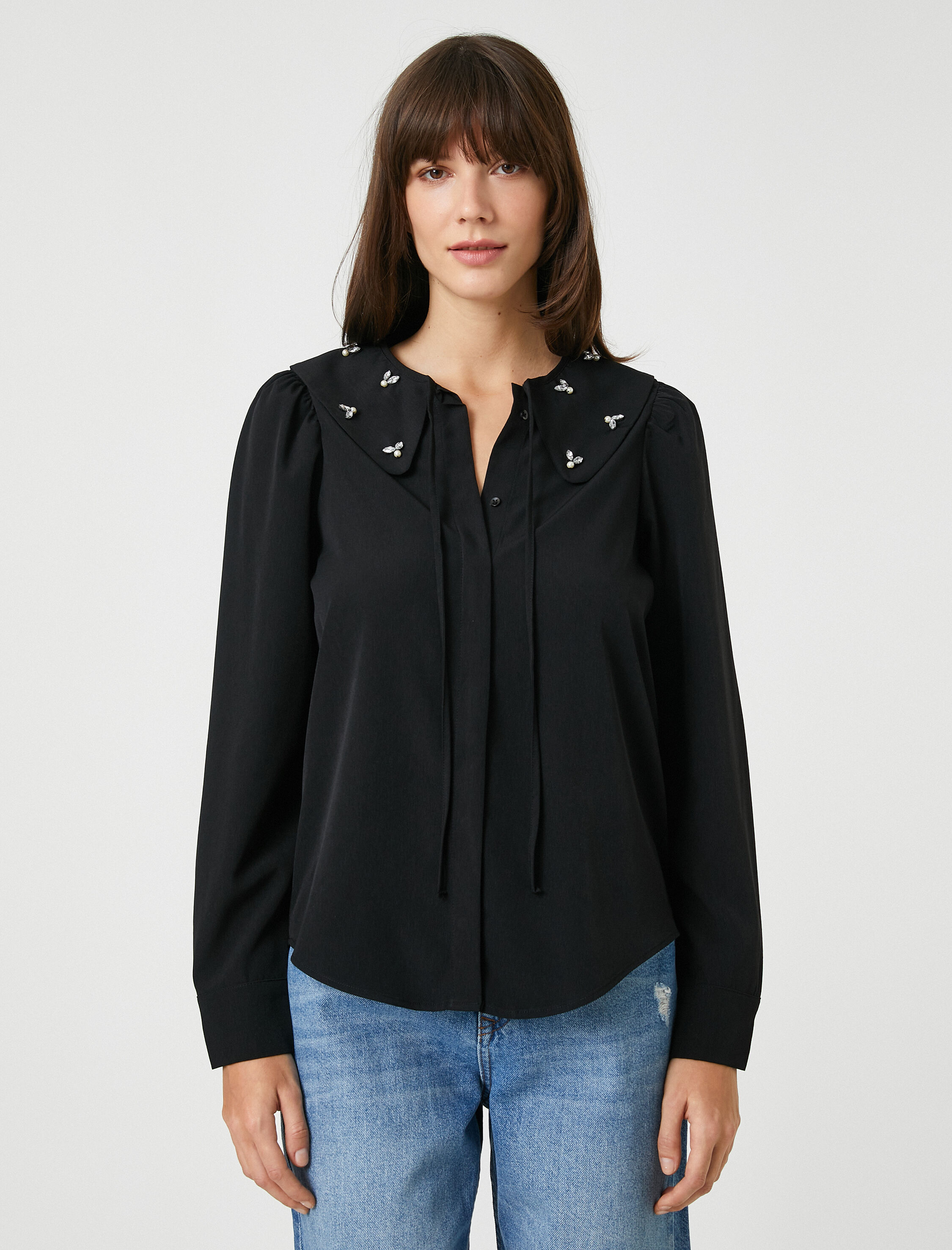   Taşlı Gömlek Bebek Yaka Uzun Kollu