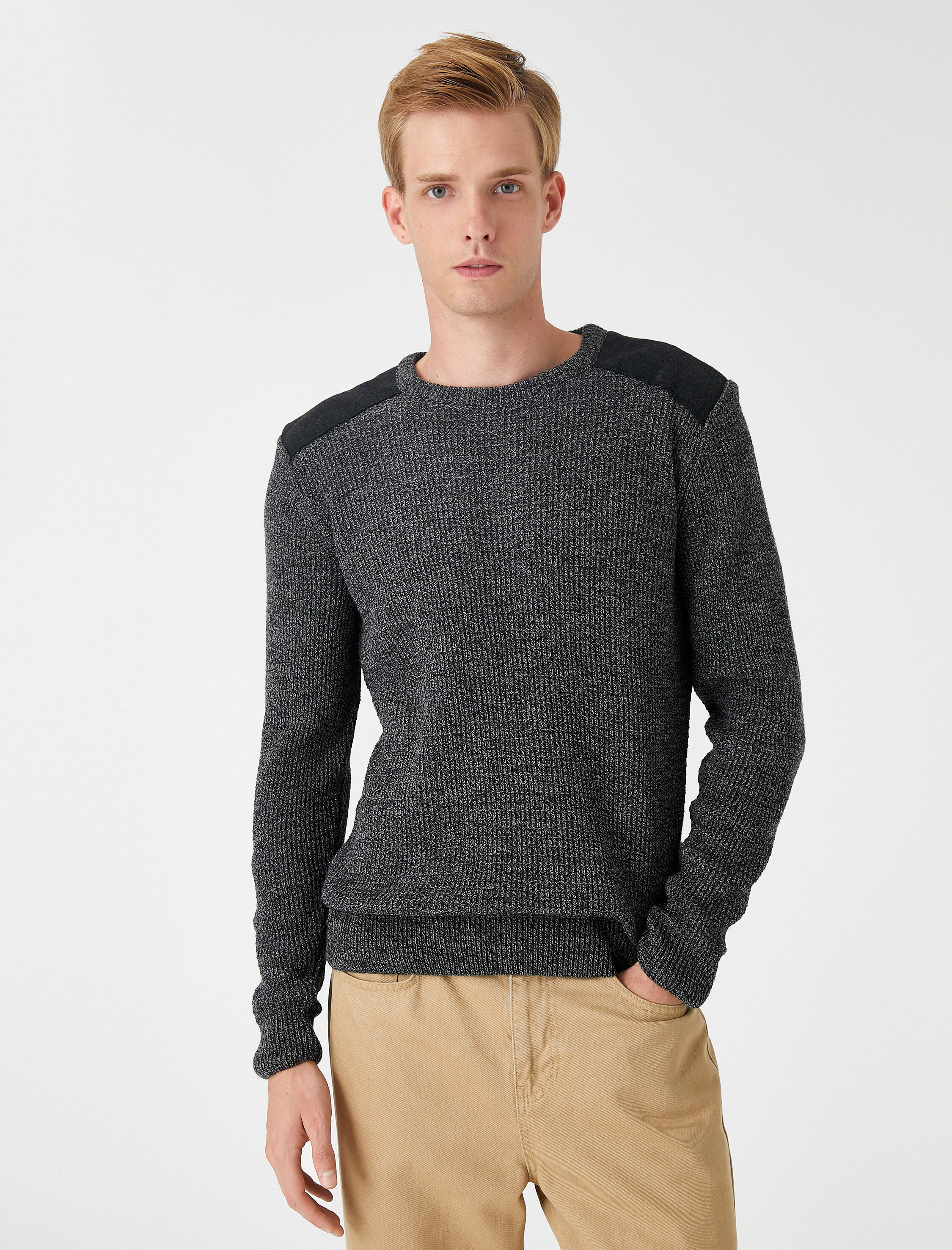   Kırçıllı Triko Kazak Omuz Detaylı Bisiklet Yaka