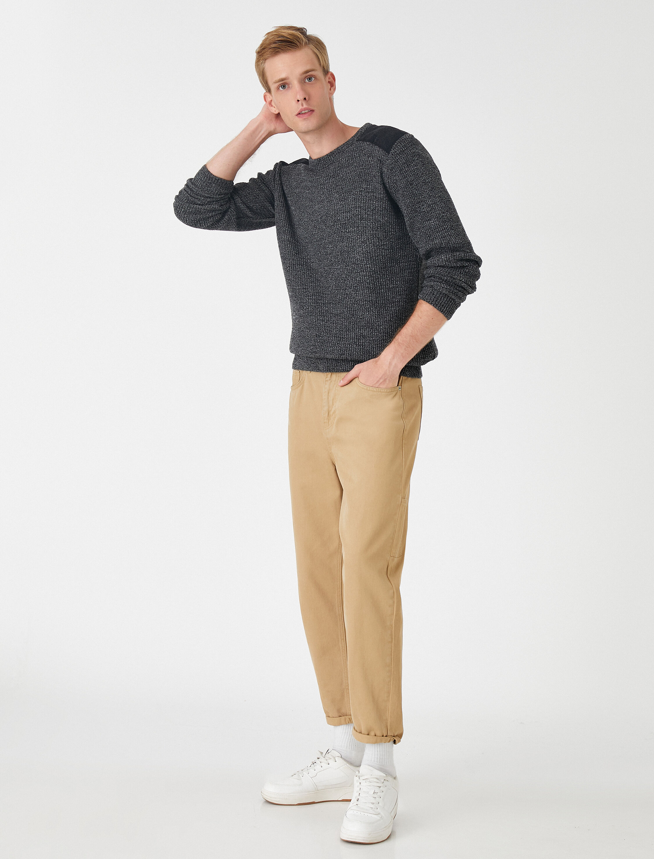   Kırçıllı Triko Kazak Omuz Detaylı Bisiklet Yaka