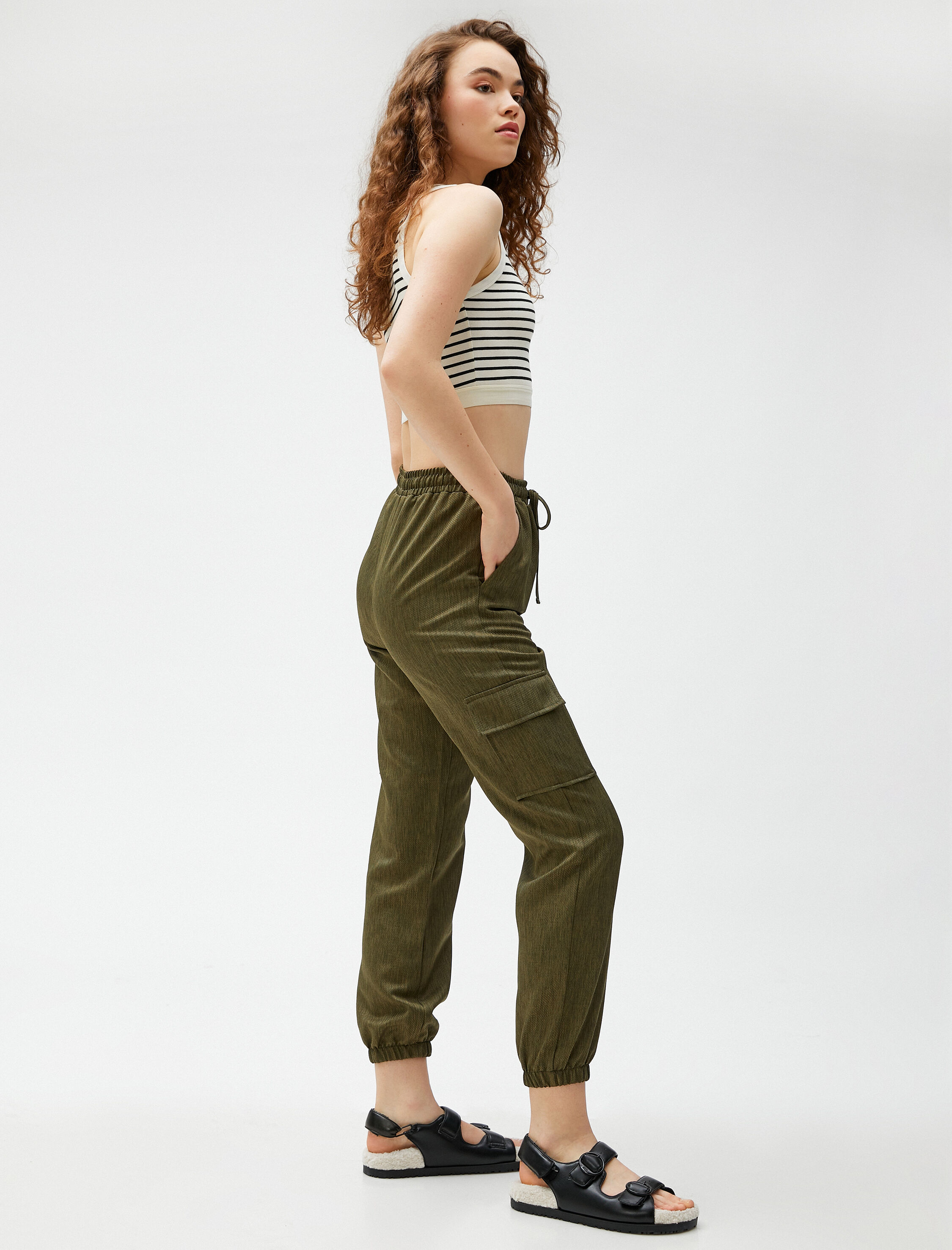   Kargo Pantolon Beli Bağcıklı Cep Detaylı Paçası Lastikli