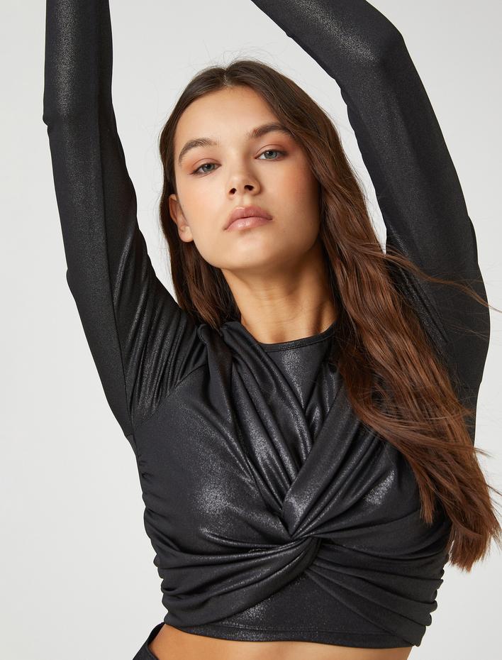  Uzun Kollu Tişört Crop Işıltılı Bisiklet Yaka Büzgü Detaylı