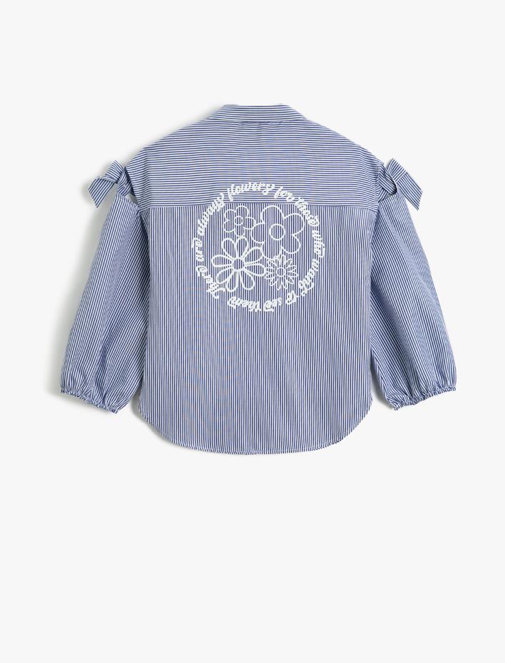 Kız Çocuk Uzun Kollu Gömlek Omzu Pencere Detaylı Fiyonklu Manşetleri Lastikli Çiçek Baskılı