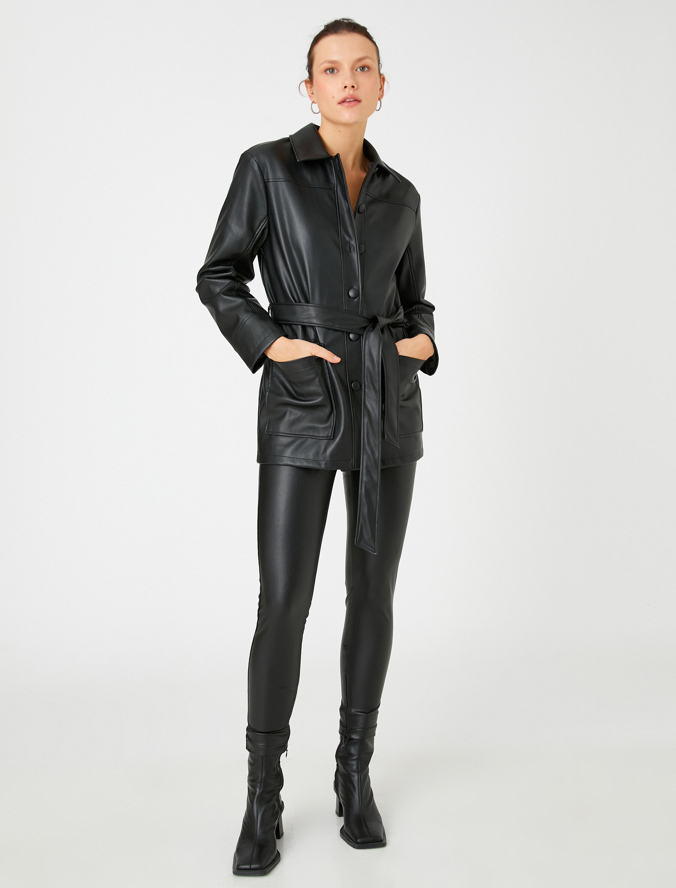   Oversize Suni Deri Ceket Gömlek Yaka Kuşaklı