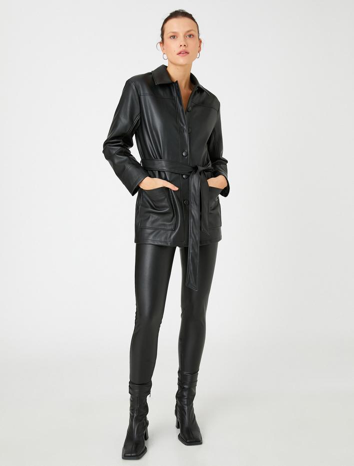  Oversize Suni Deri Ceket Gömlek Yaka Kuşaklı