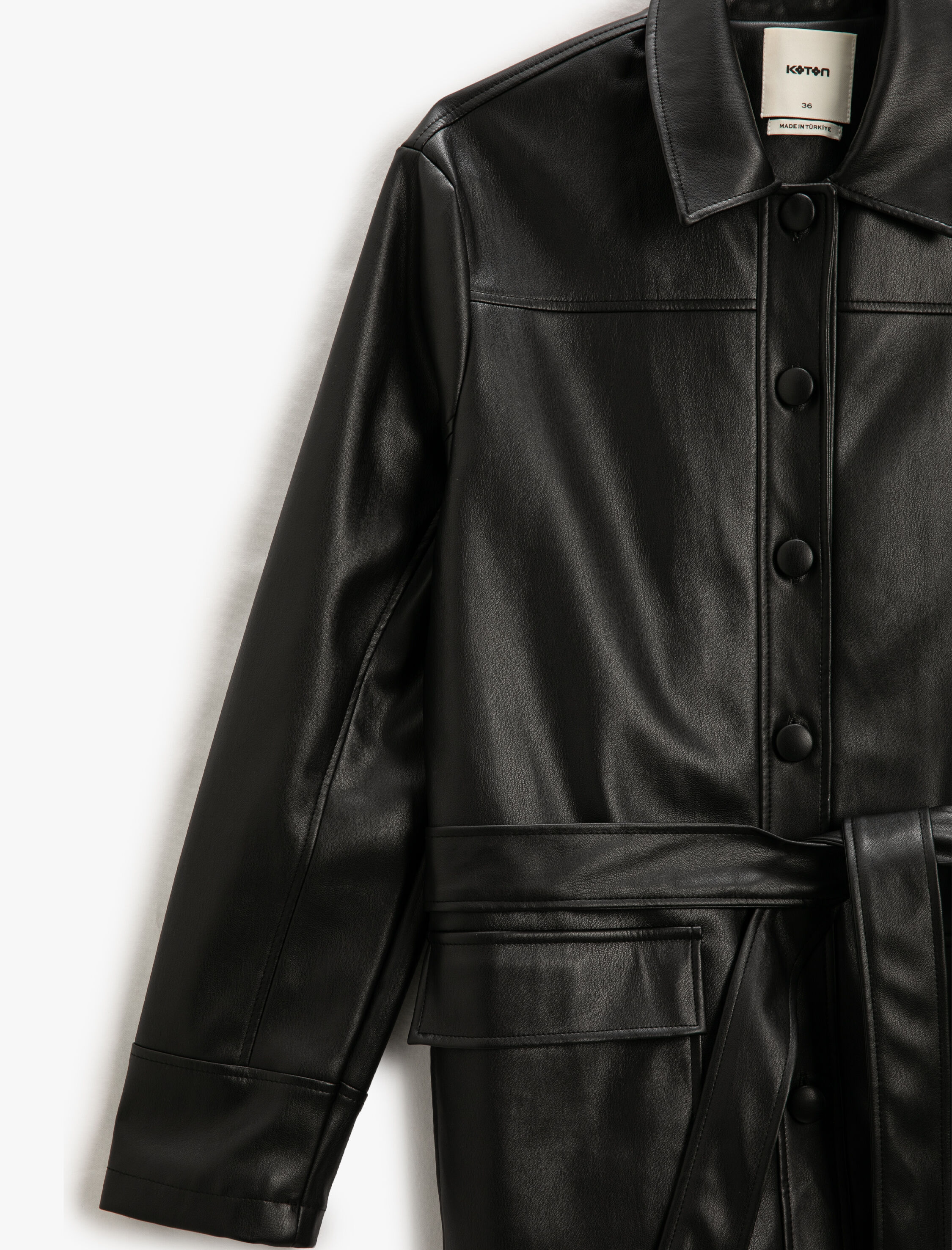   Oversize Suni Deri Ceket Gömlek Yaka Kuşaklı