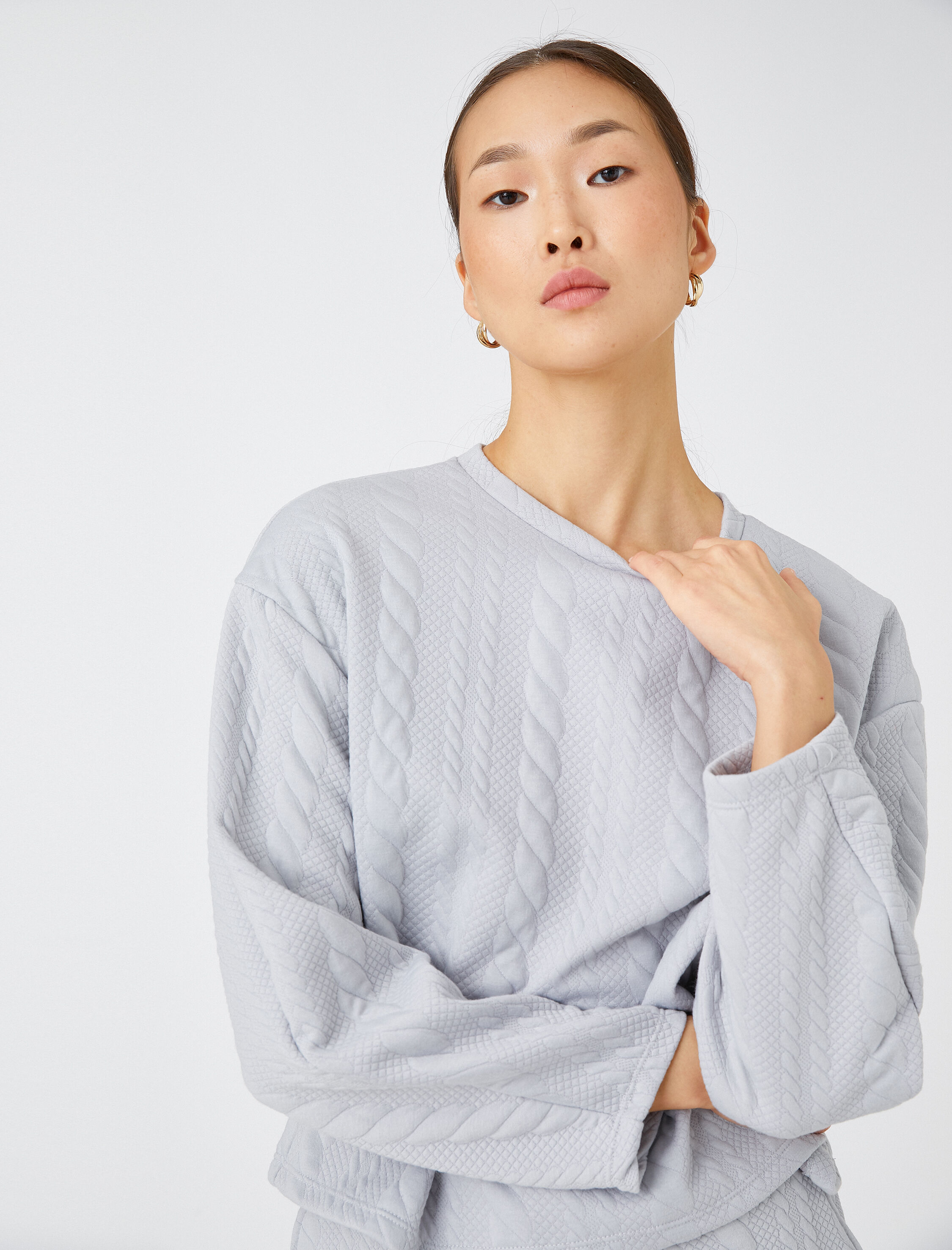   Crop Sweatshirt Örgü Desenli Uzun Kollu