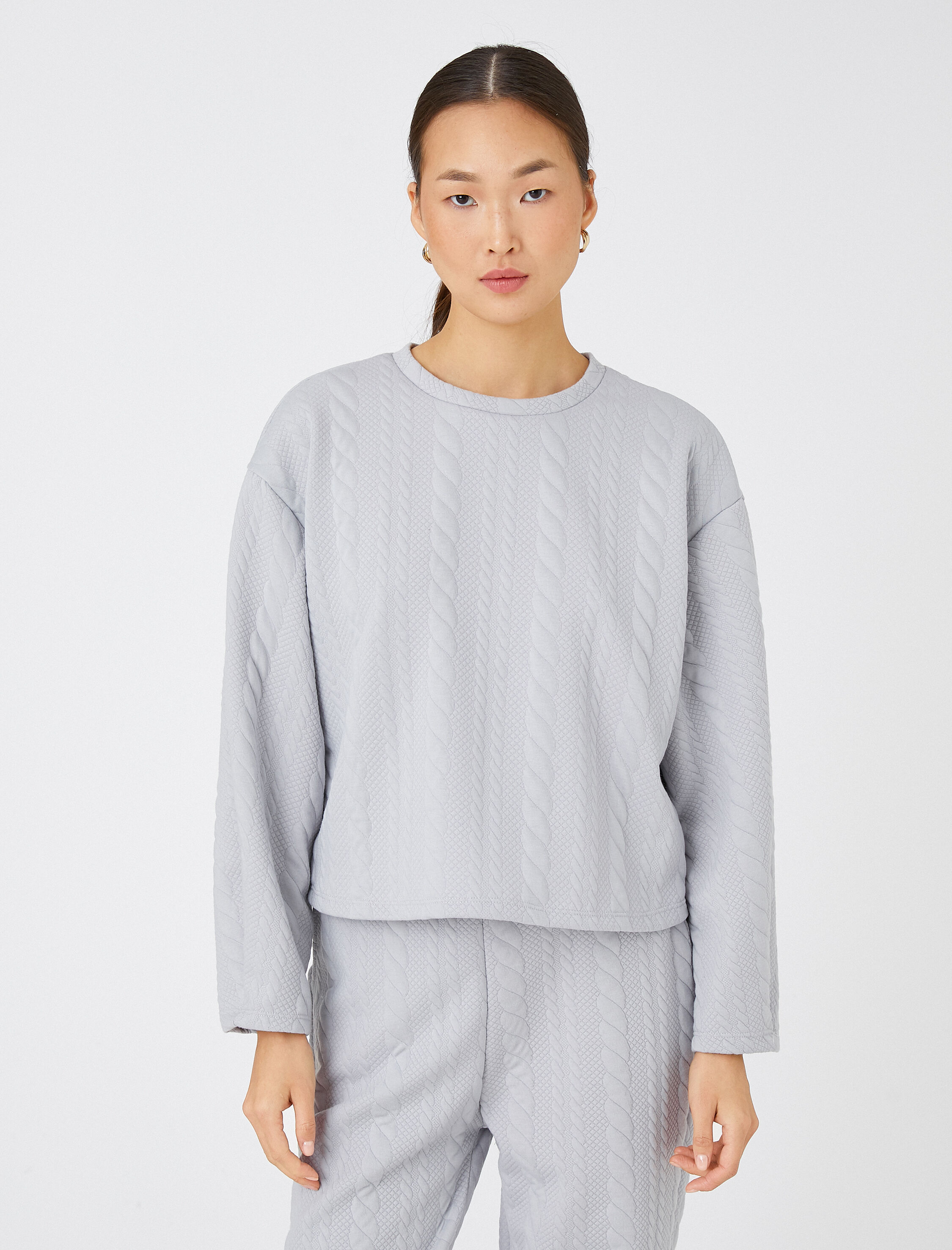   Crop Sweatshirt Örgü Desenli Uzun Kollu