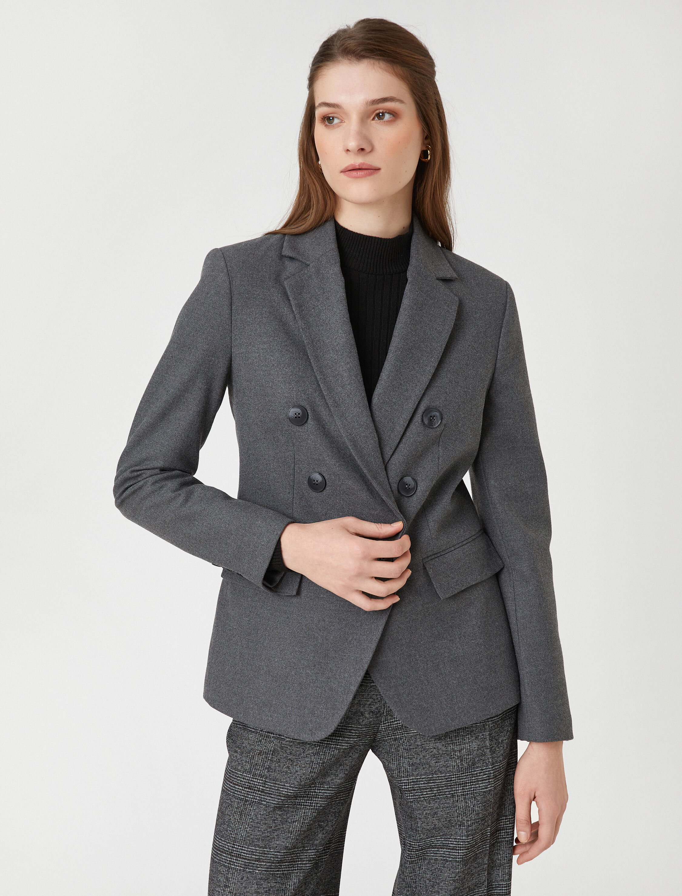   Düğmeli Cep Detaylı Kruvaze Blazer Ceket