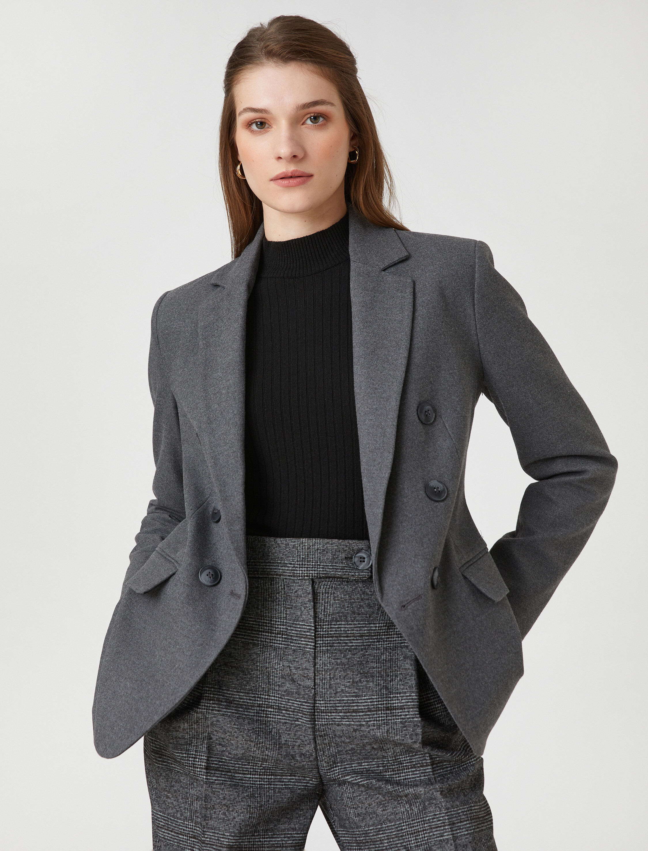   Düğmeli Cep Detaylı Kruvaze Blazer Ceket