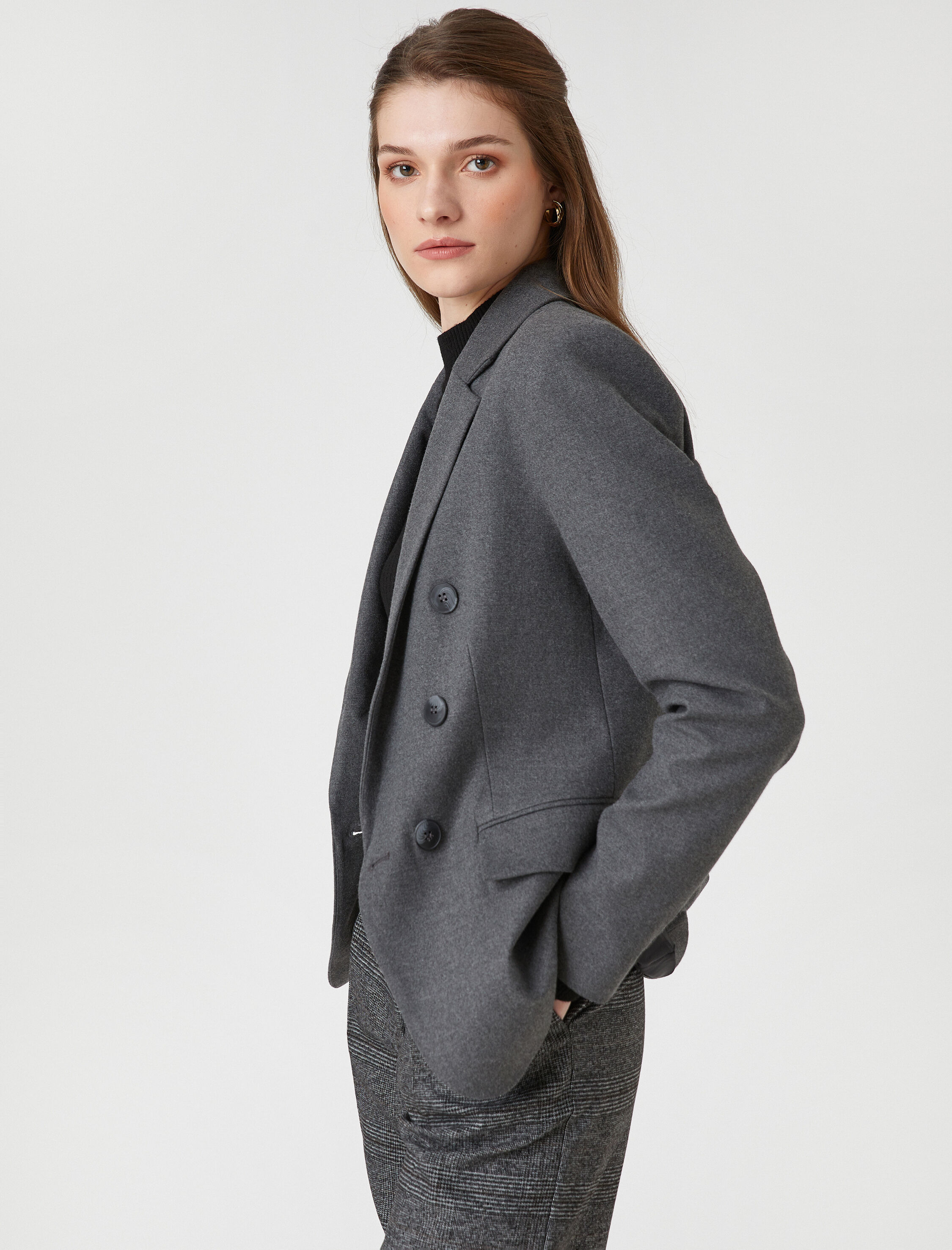   Düğmeli Cep Detaylı Kruvaze Blazer Ceket