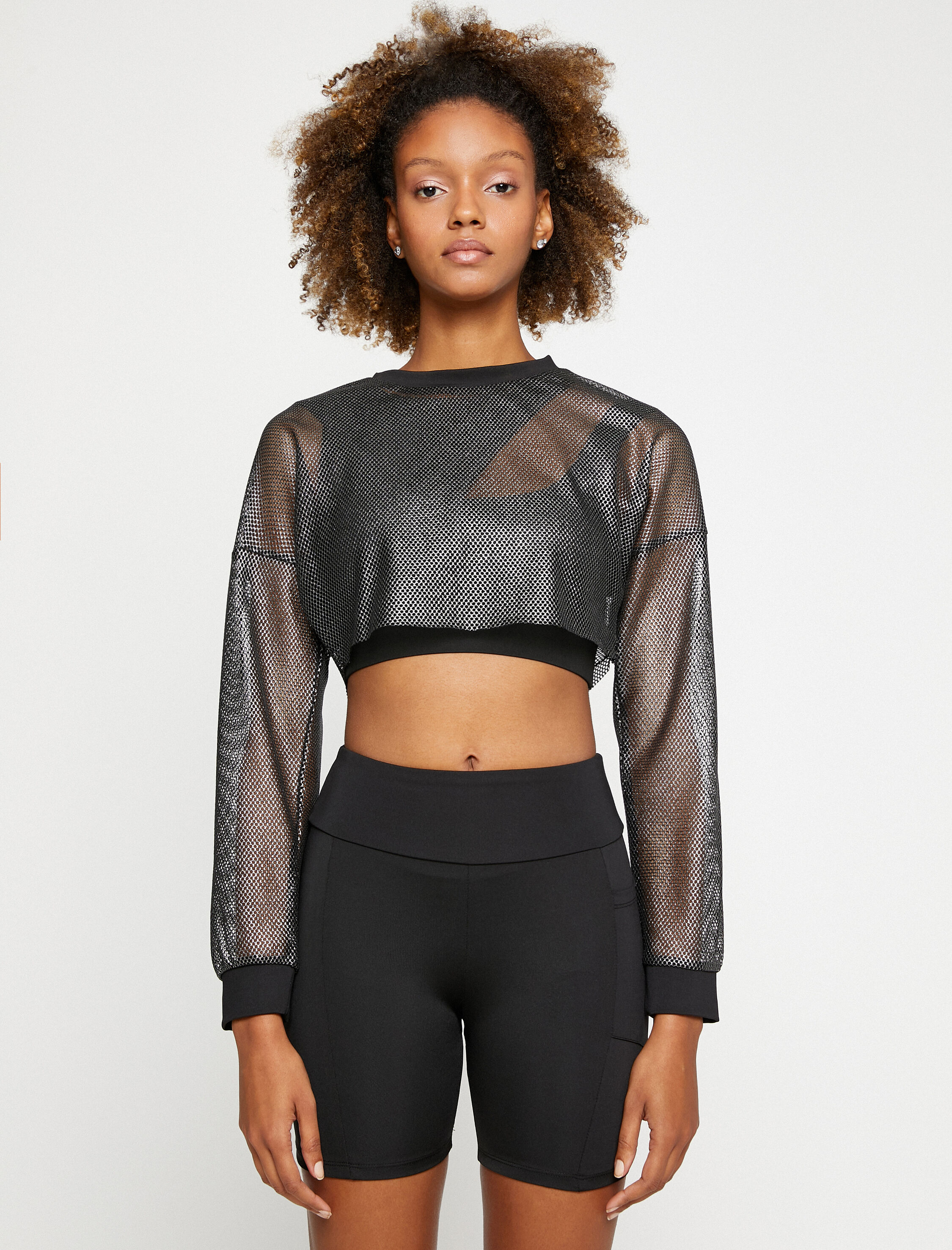 Siyah Kadın Fileli Crop Spor Tişört Uzun Kollu Bisiklet Yaka