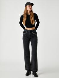 Düz Paça Kot Pantolon Yüksek Bel Taş Detaylı - Nora Jean