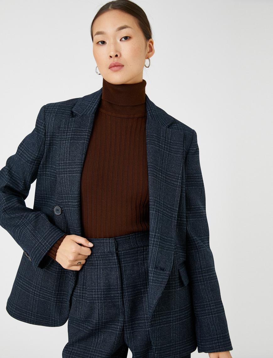   Ekoseli Kruvaze Blazer Ceket Düğmeli