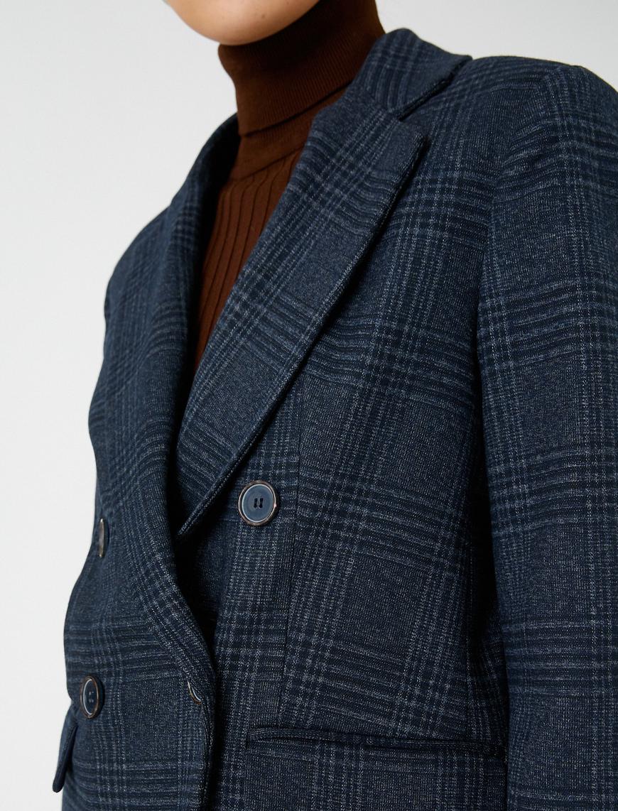   Ekoseli Kruvaze Blazer Ceket Düğmeli