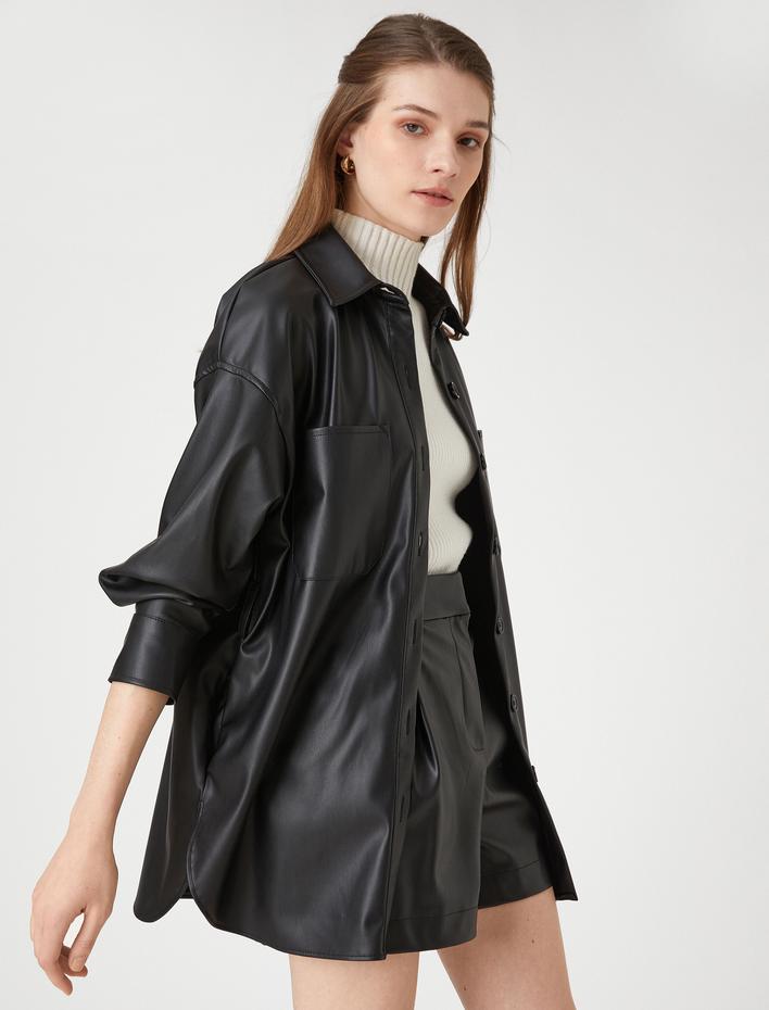  Suni Deri Gömlek Ceket Cepli Düğmeli