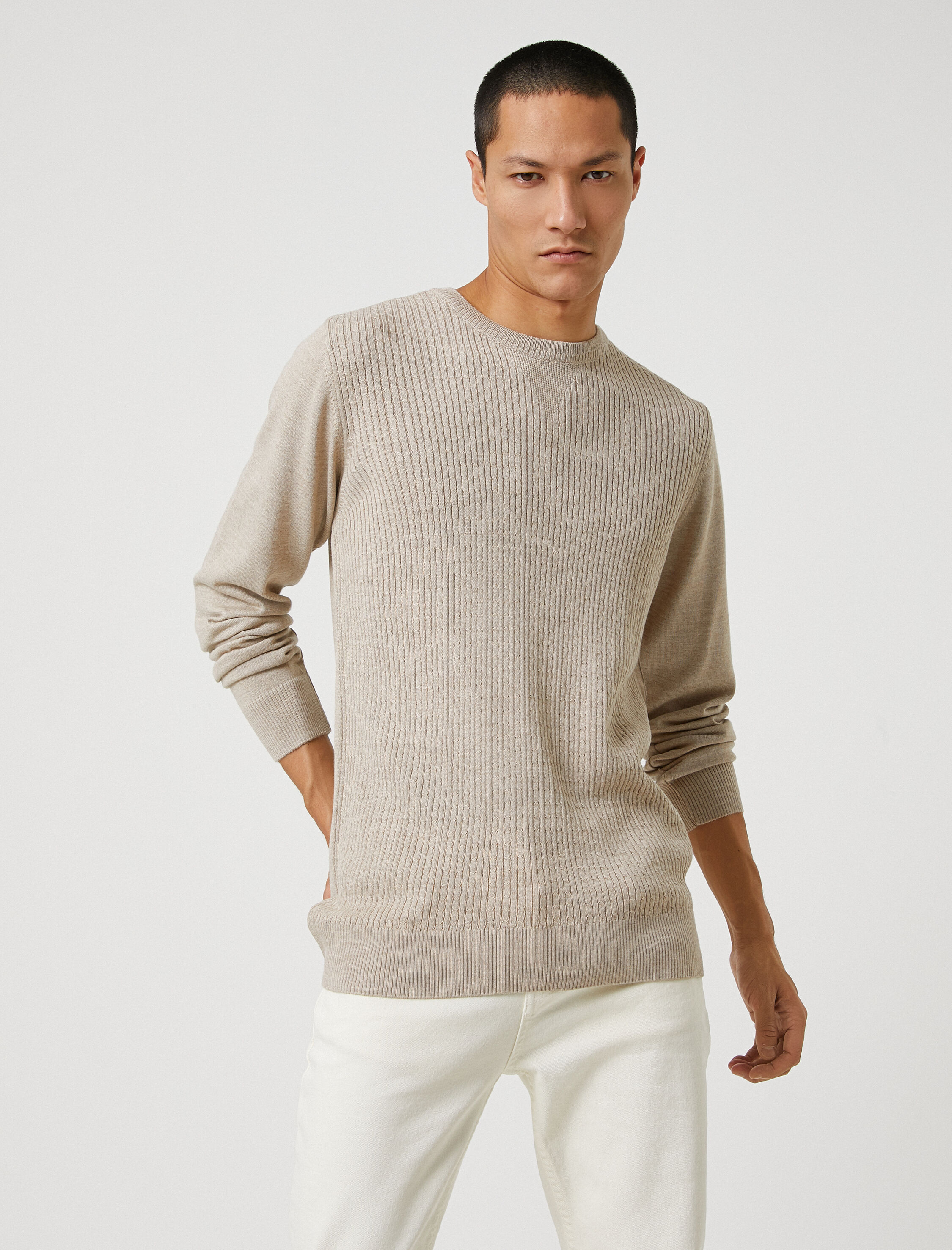   Basic Triko Kazak Örgü Detaylı Bisiklet Yaka