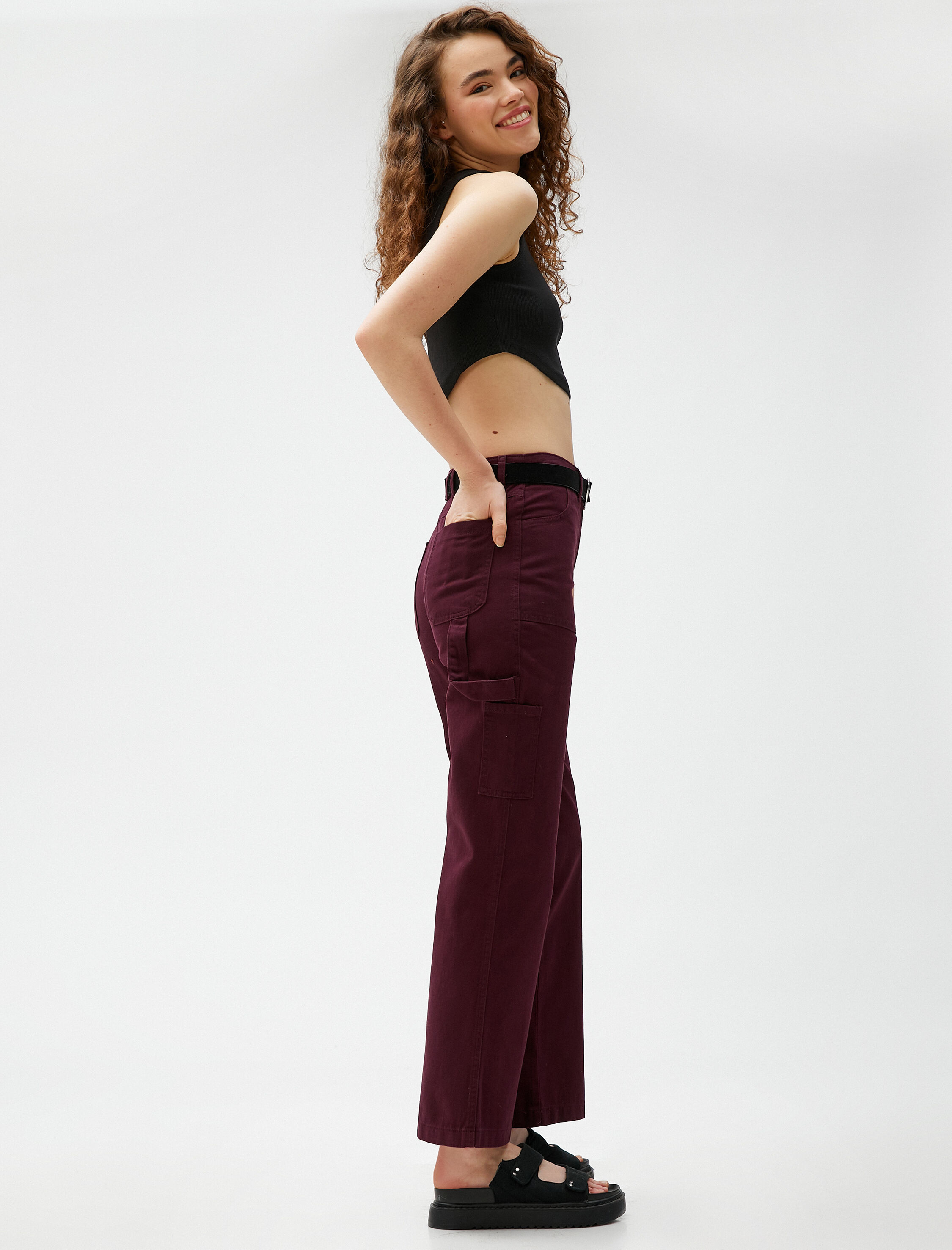   Yüksek Bel Kargo Pantolon Yanları Cep Detaylı