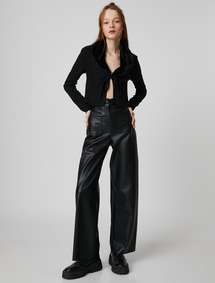  Yakası Suni Kürklü Hırka Crop Bağlama Detaylı Uzun Kollu