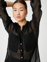 Oversize Cepli Şifon Gömlek Uzun Kollu