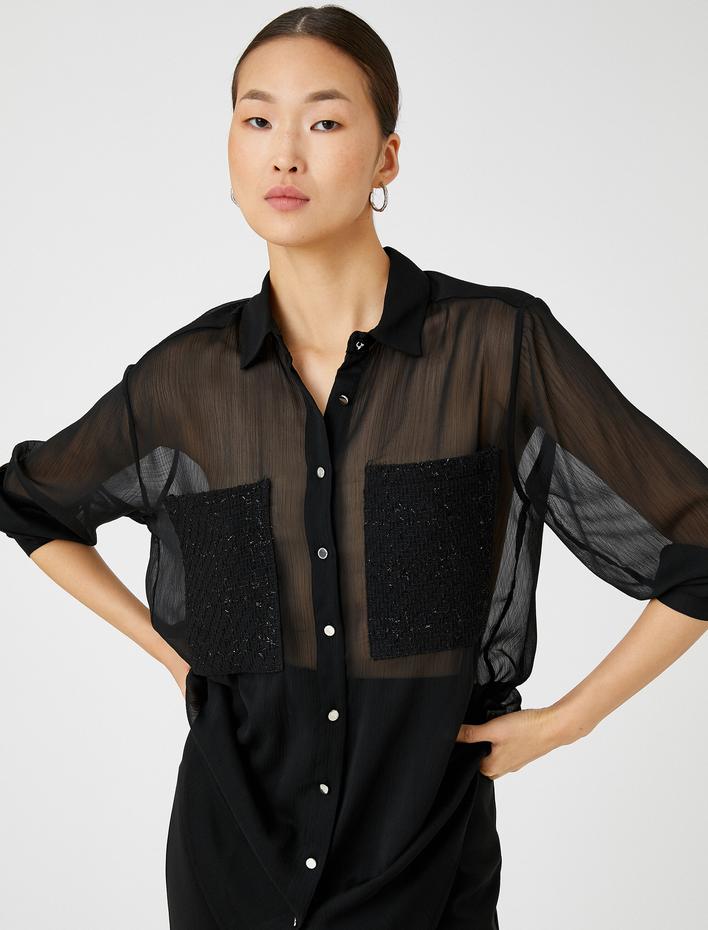  Oversize Cepli Şifon Gömlek Uzun Kollu