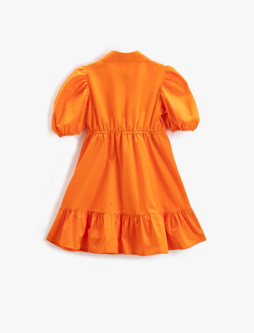 Kız Çocuk Elbise Midi Gömlek Yaka Kısa Balon Kollu Düğme Detaylı