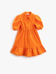 Elbise Midi Gömlek Yaka Kısa Balon Kollu Düğme Detaylı