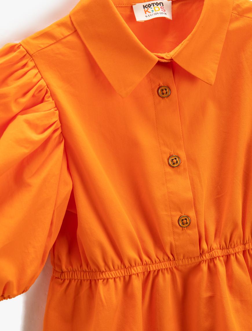  Kız Çocuk Elbise Midi Gömlek Yaka Kısa Balon Kollu Düğme Detaylı