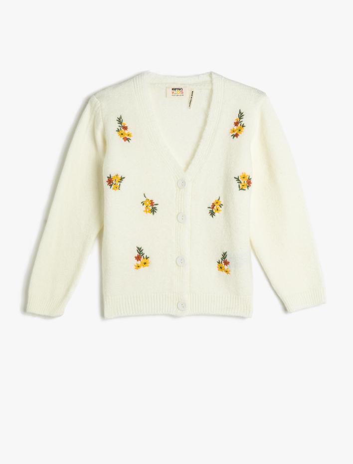 Kız Çocuk Örgü Hırka Çiçekli Düğmeli Uzun Kollu Düğmeli