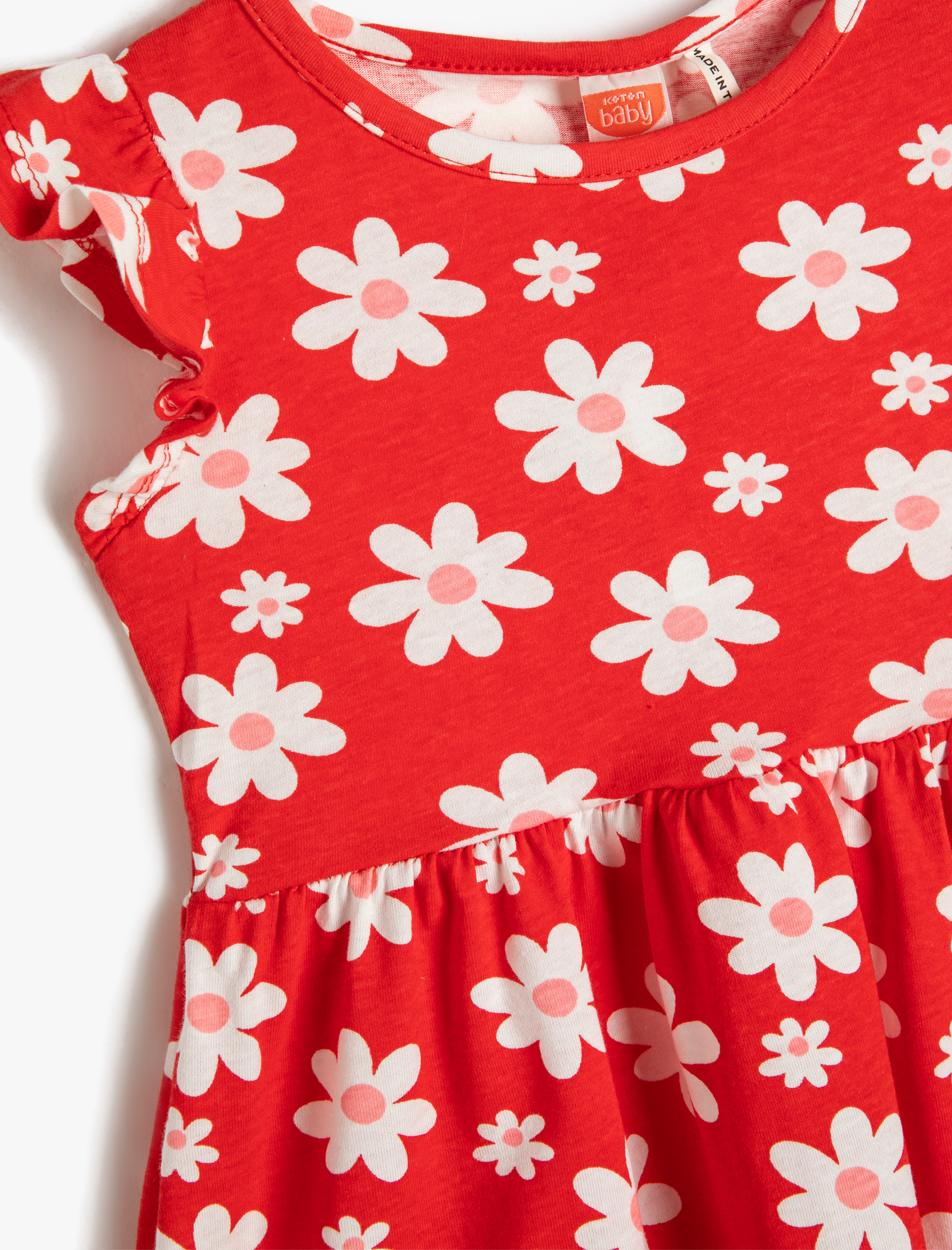  Kız Bebek Elbise Çiçekli Yuvarlak Yaka Kolsuz Fırfır Detaylı Pamuklu