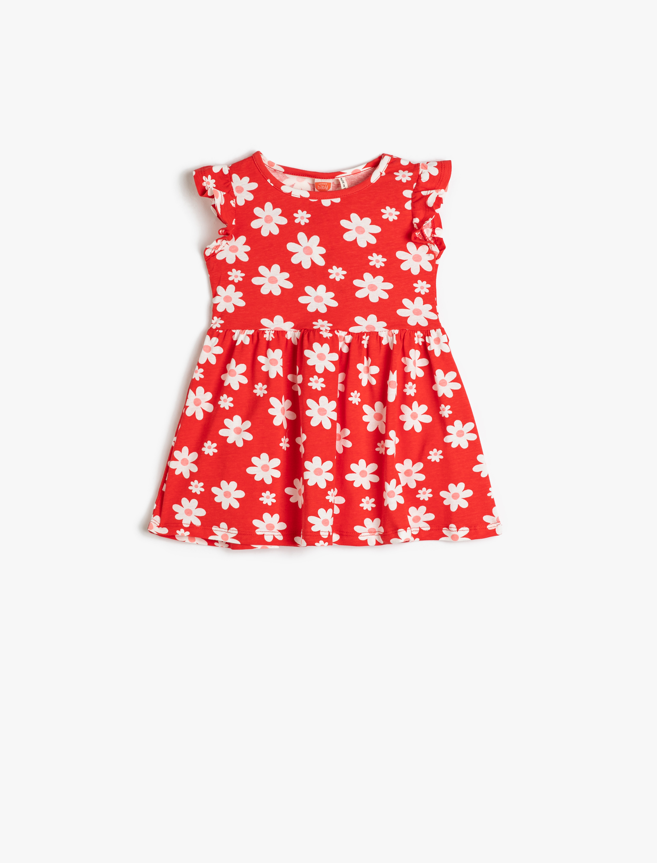  Kız Bebek Elbise Çiçekli Yuvarlak Yaka Kolsuz Fırfır Detaylı Pamuklu