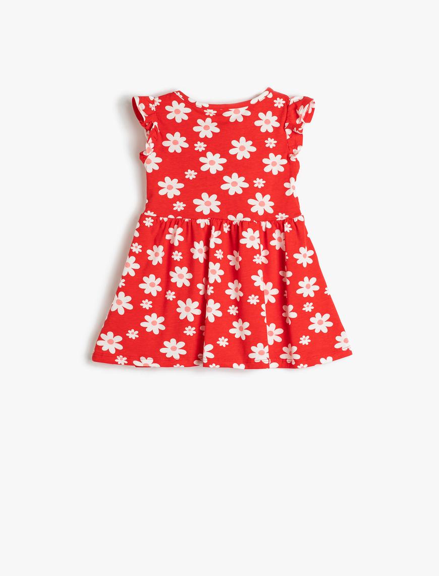  Kız Bebek Elbise Çiçekli Yuvarlak Yaka Kolsuz Fırfır Detaylı Pamuklu