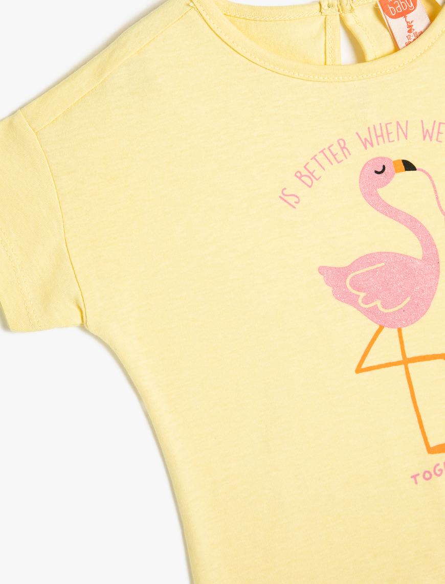  Kız Bebek Tişört Kısa Kollu Yuvarlak Yaka Flamingo Baskılı Pamuklu