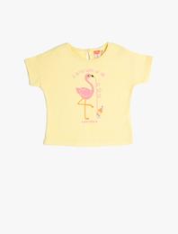 Tişört Kısa Kollu Yuvarlak Yaka Flamingo Baskılı Pamuklu