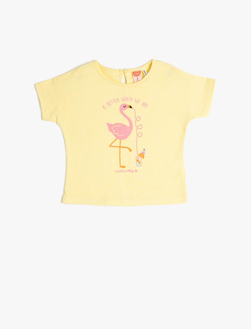  Kız Bebek Tişört Kısa Kollu Yuvarlak Yaka Flamingo Baskılı Pamuklu