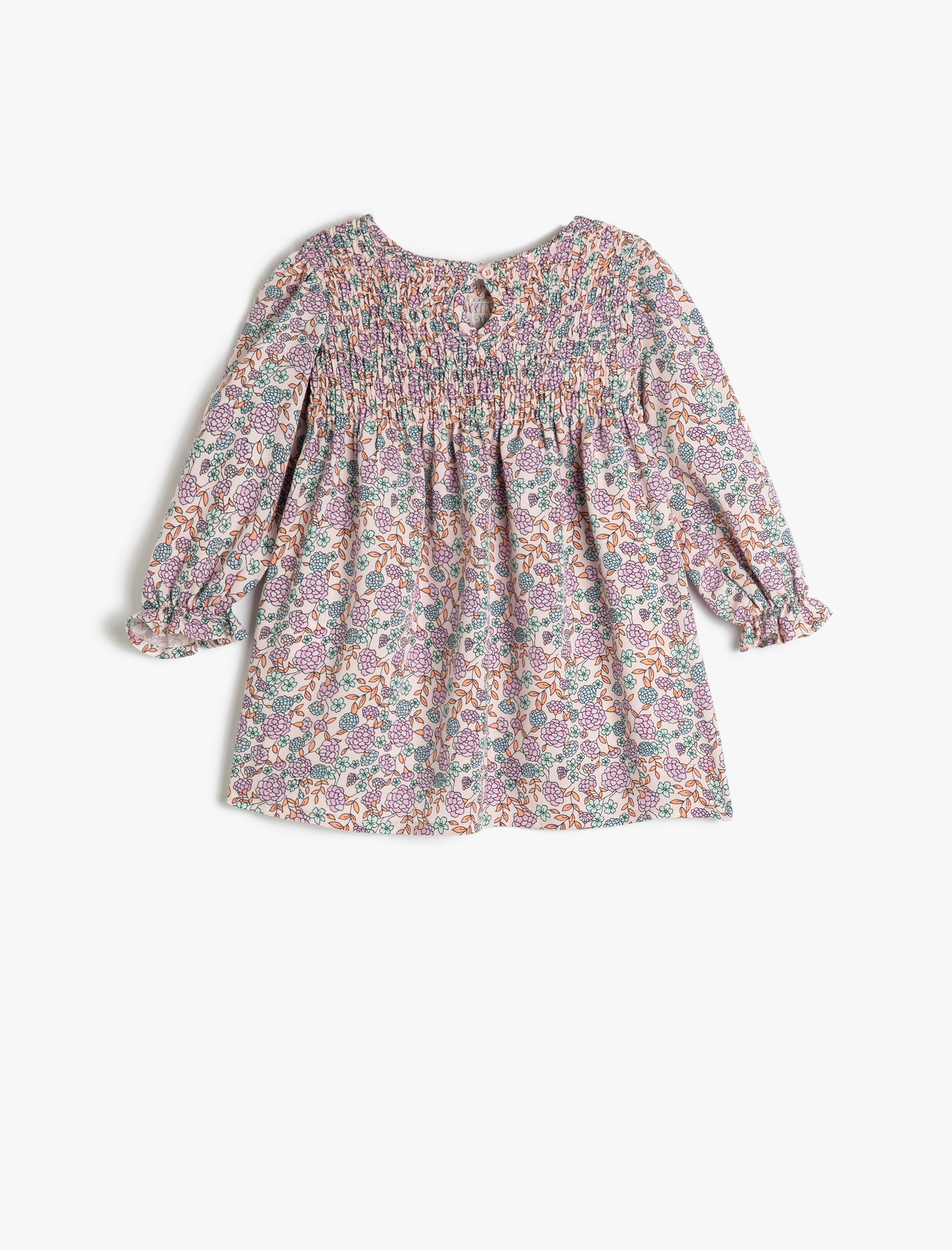  Kız Bebek Elbise Çiçekli Uzun Kollu Fırfır Detaylı Yuvarlak Yaka Pamuklu