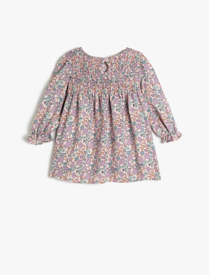 Kız Bebek Elbise Çiçekli Uzun Kollu Fırfır Detaylı Yuvarlak Yaka Pamuklu